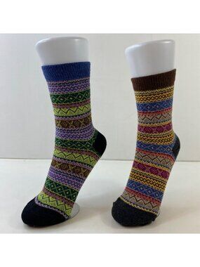 Womens Crew Socks Set 2 Fair Isle Nordic Pattern Blue Brown Yellow Orange Green